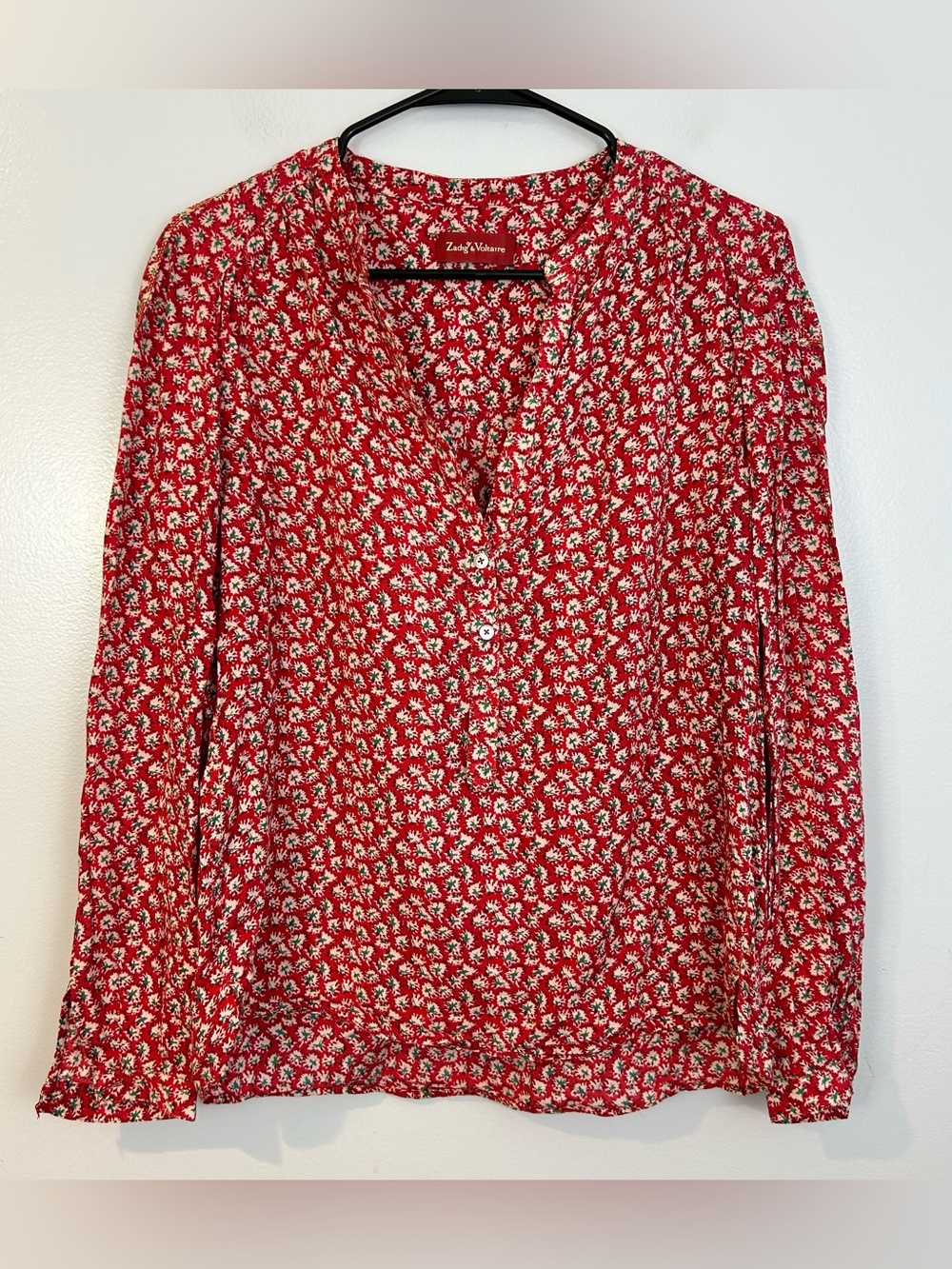 Zadig & Voltaire Red Abstract Retro Floral Lightweight V-neck Boho To Small